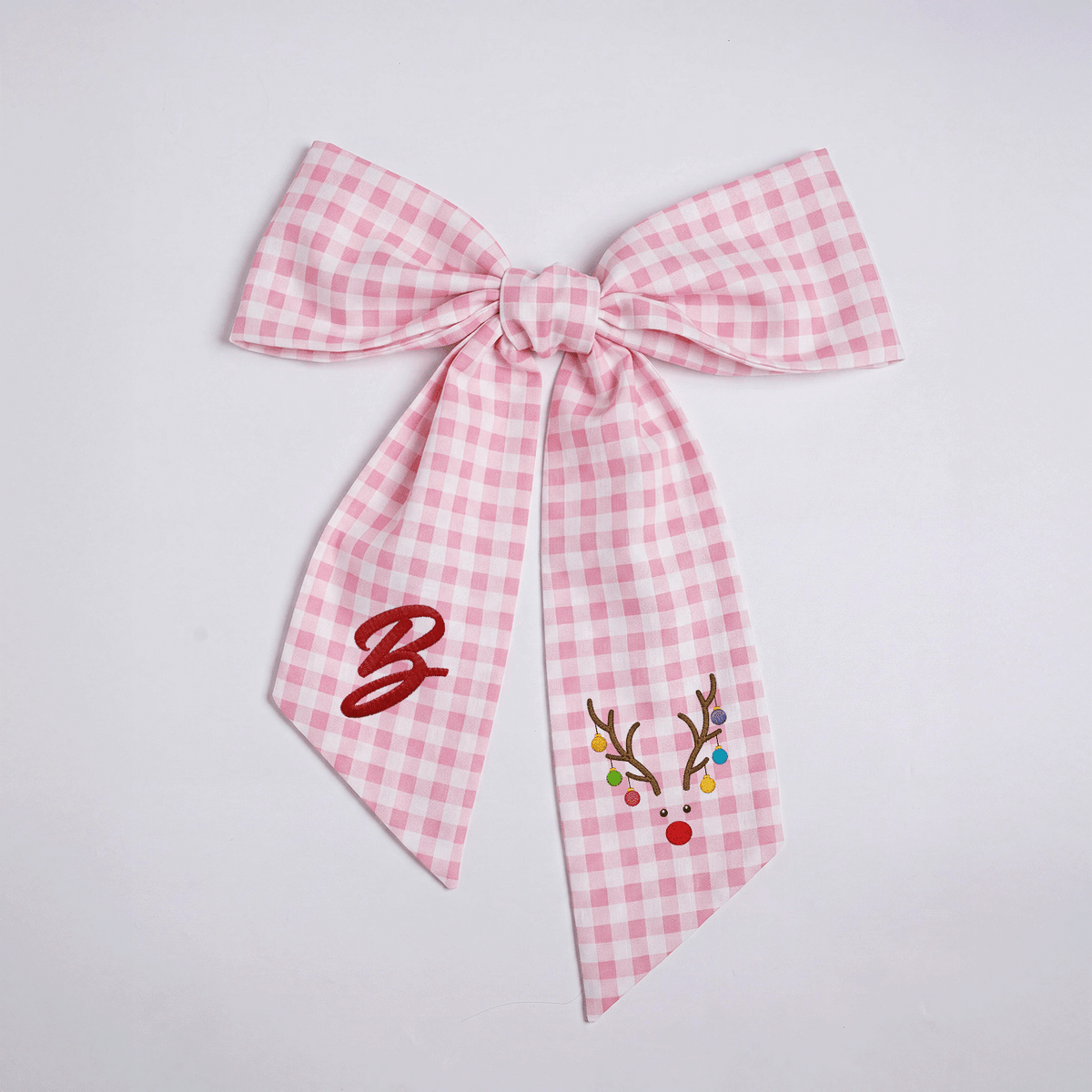 Custom Letter Reindeer Antlers Lights Embroidered Linen Wreath Sash, Personalized Monogram Holiday Bow Sash for Door Decor