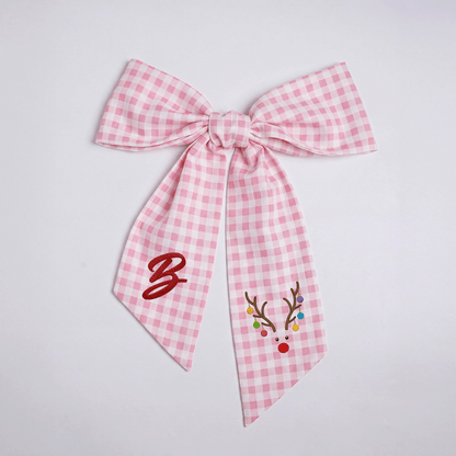Custom Letter Reindeer Antlers Lights Embroidered Linen Wreath Sash, Personalized Monogram Holiday Bow Sash for Door Decor