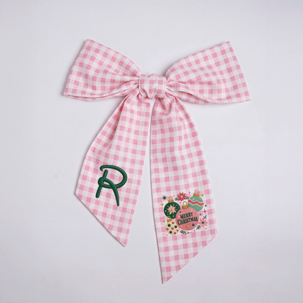 Custom Monogram Merry Christmas Ornaments Embroidered Linen Door Wreath Sash, Personalized Initial Festive Baubles Floral Holiday Wreath Sash & Front Door Decor