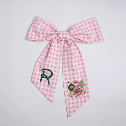 Custom Monogram Merry Christmas Ornaments Embroidered Linen Door Wreath Sash, Personalized Initial Festive Baubles Floral Holiday Wreath Sash & Front Door Decor