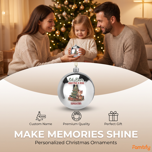 Make Memories Shine banner with a family and a silver Oh Deer Christmas Is Here name ornament