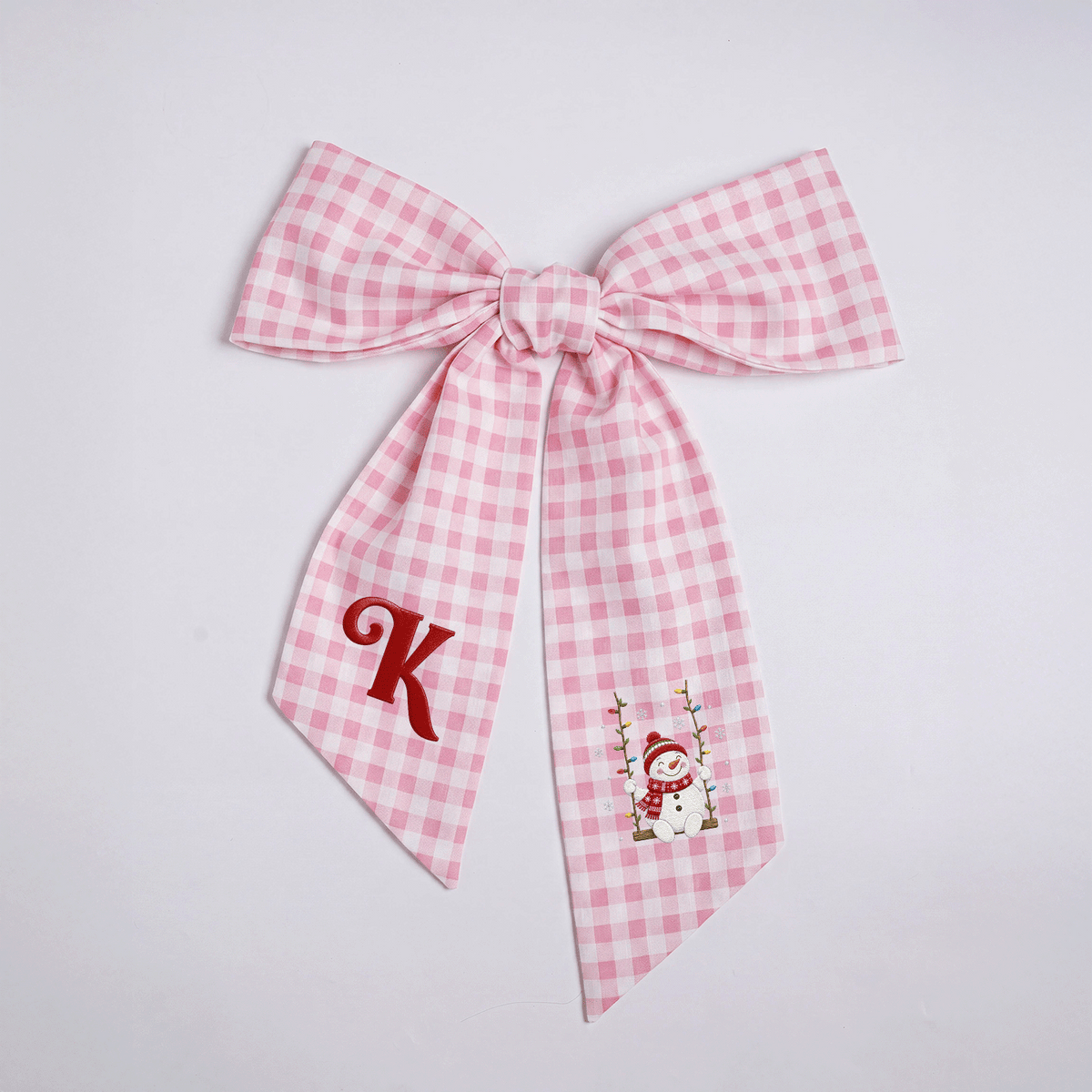 Custom Letter Snowman on Swing Embroidered Linen Wreath Sash, Personalized Monogram Holiday Bow Sash for Door Decor