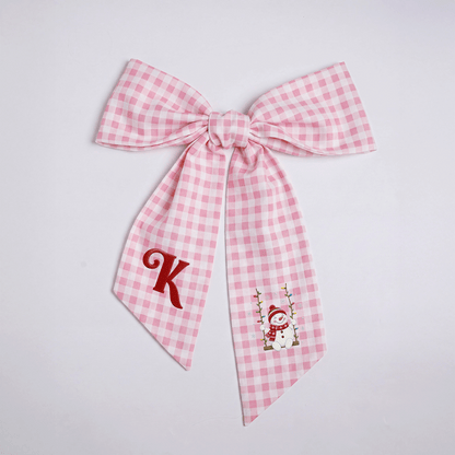 Custom Letter Snowman on Swing Embroidered Linen Wreath Sash, Personalized Monogram Holiday Bow Sash for Door Decor
