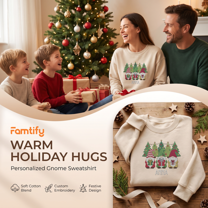 Personalized Christmas Gnome Embroidered Sweatshirt, Custom Name Holiday Tree Crewneck