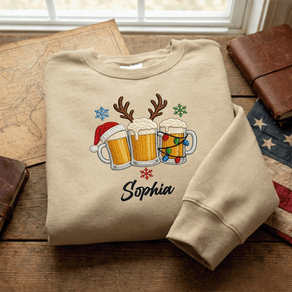 Personalized Embroidered Christmas Beer Mugs Sweatshirt with Custom Name