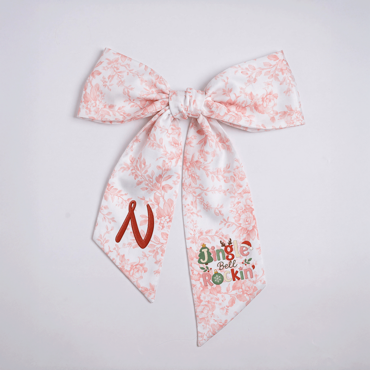 Custom Monogram Jingle Bell Rockin' Embroidered Linen Door Wreath Sash, Personalized Initial Festive Typography Reindeer Santa Hat Holiday Wreath Sash & Front Door Decor