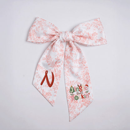 Custom Monogram Jingle Bell Rockin' Embroidered Linen Door Wreath Sash, Personalized Initial Festive Typography Reindeer Santa Hat Holiday Wreath Sash & Front Door Decor
