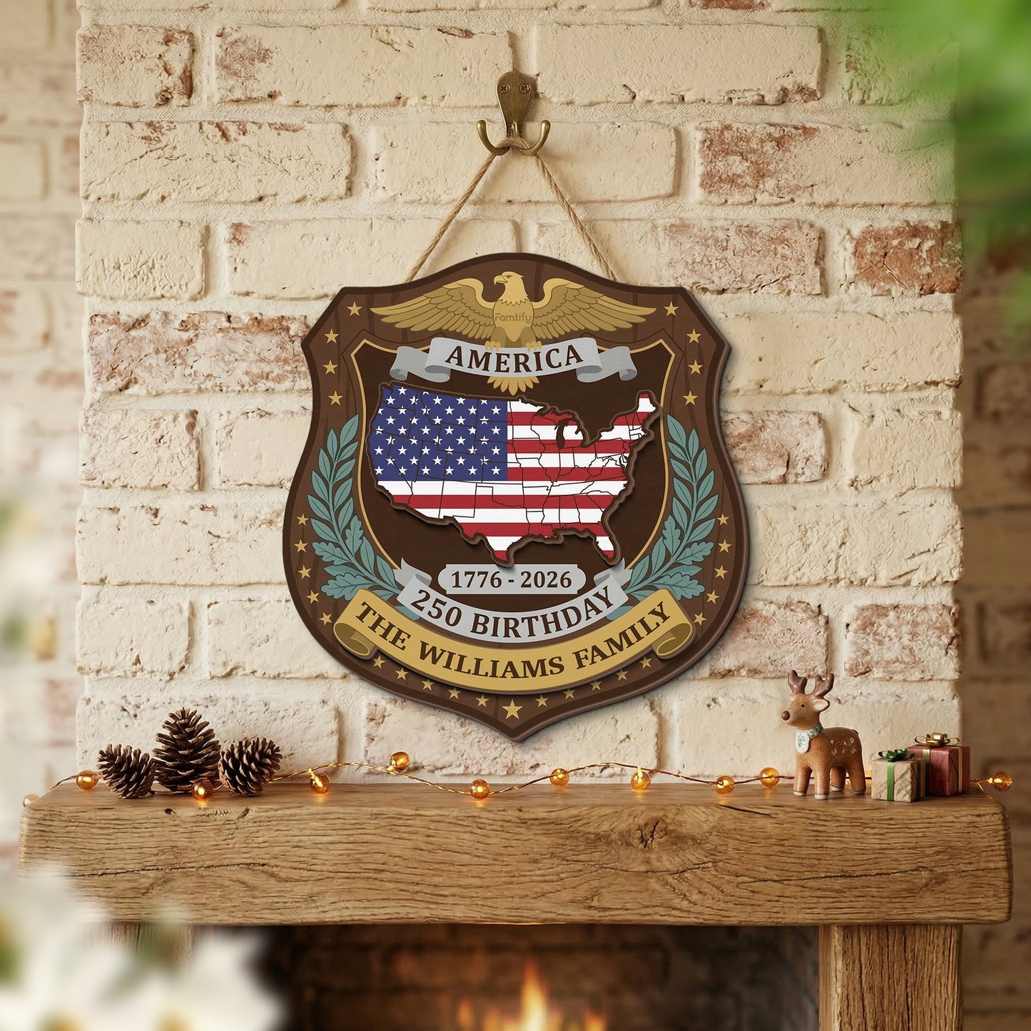 Personalized America 250th Birthday 1776-2026 2-Layer Wood Sign – Custom Family Name Patriotic Door Sign