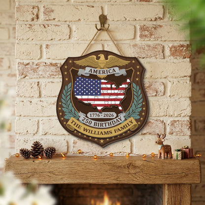 Personalized America 250th Birthday 1776-2026 2-Layer Wood Sign – Custom Family Name Patriotic Door Sign