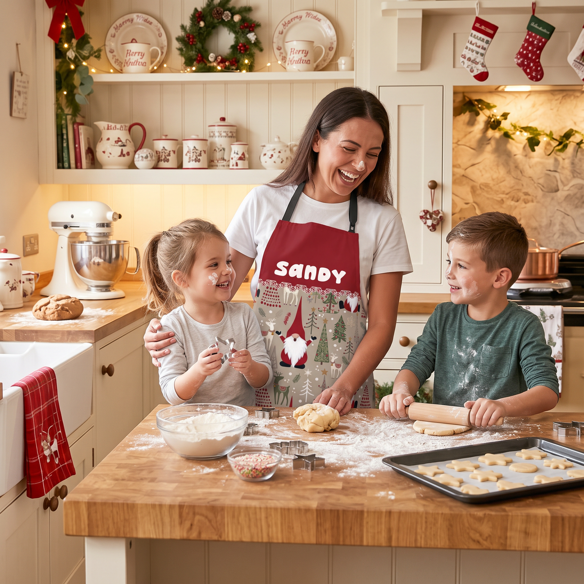 Personalized Christmas Gnome Apron, Custom Name Red Holiday Kitchen Cooking Apron