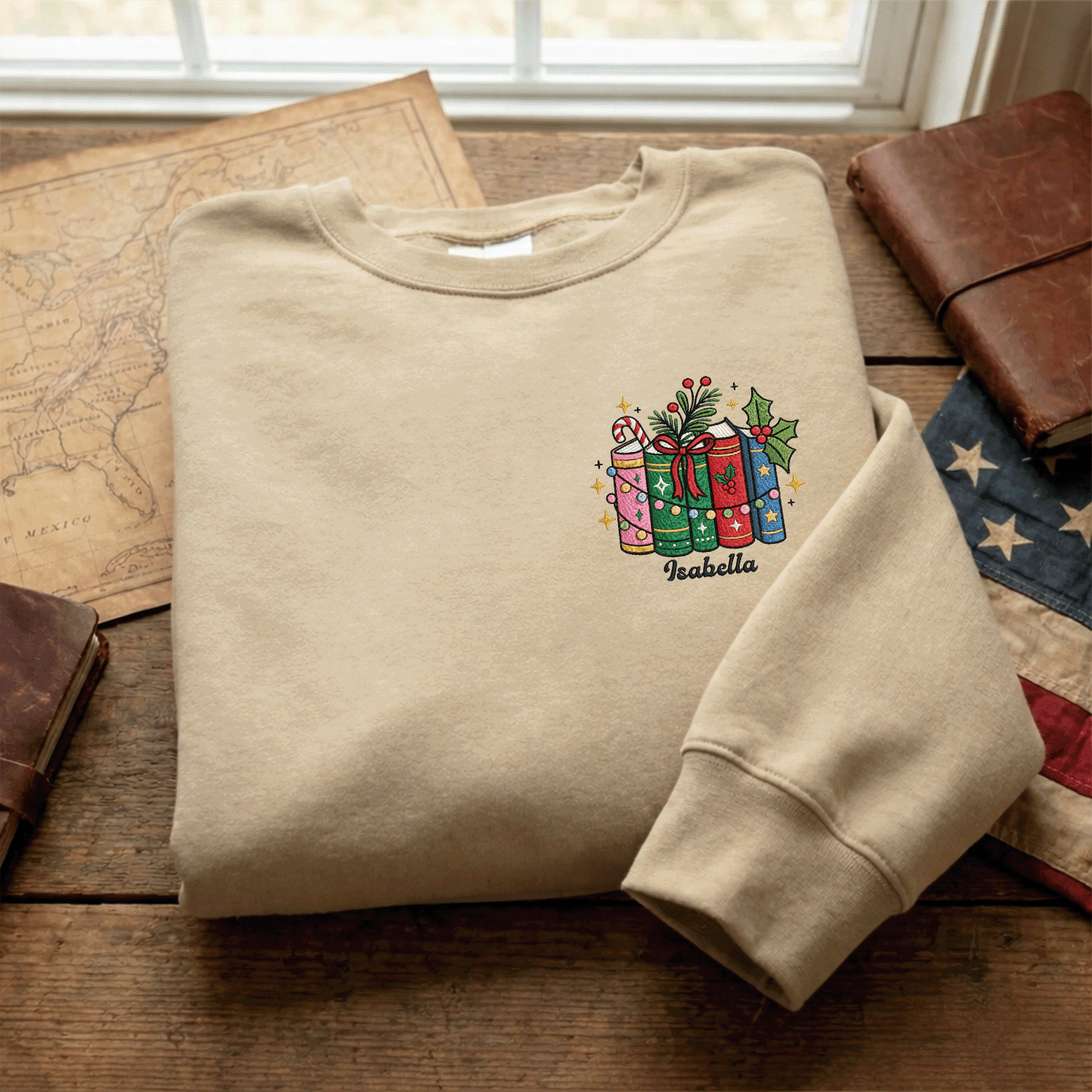 Personalized Christmas Books Sweatshirt with Custom Name | Cozy Holiday Book Lover Crewneck