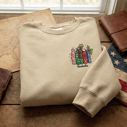Personalized Christmas Books Sweatshirt with Custom Name | Cozy Holiday Book Lover Crewneck