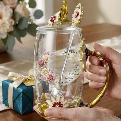 Grandma Floral Tea Cup with Kids’ Names – Personalized Enamel Flower Mug Mother’s Day Gift for Grandma