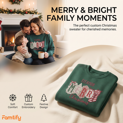 Personalized Merry Christmas Patchwork Sweatshirt with Custom Name | Vintage Holiday Crewneck Gift