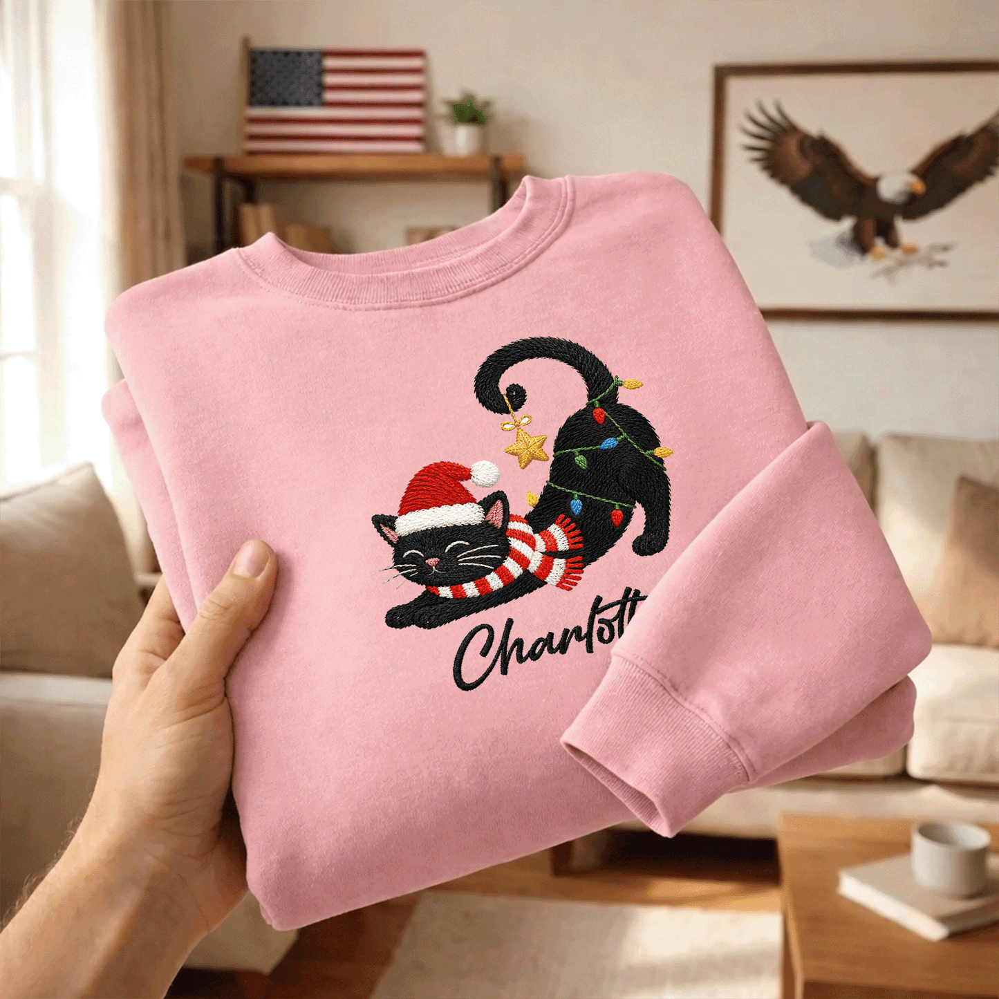 Personalized Embroidered Christmas Black Cat Sweatshirt with Custom Name