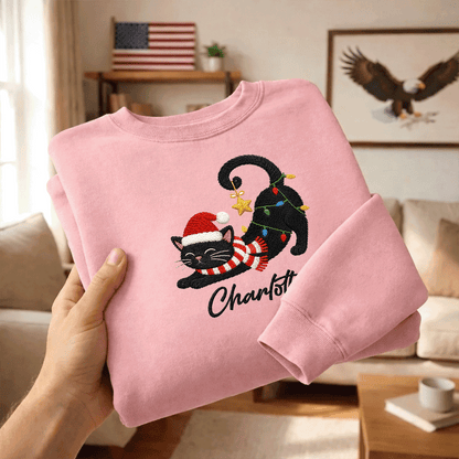 Personalized Embroidered Christmas Black Cat Sweatshirt with Custom Name