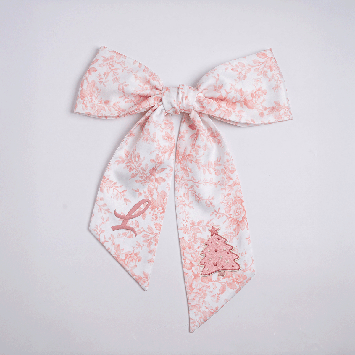 Custom Letter Pink Christmas Tree Embroidered Linen Wreath Sash, Personalized Monogram Holiday Bow Sash for Door Decor