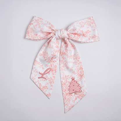 Custom Letter Pink Christmas Tree Embroidered Linen Wreath Sash, Personalized Monogram Holiday Bow Sash for Door Decor