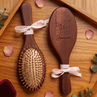 Personalized Wooden Hair Comb with Ribbon – Engraved Name Mother’s Day Gift for Mom