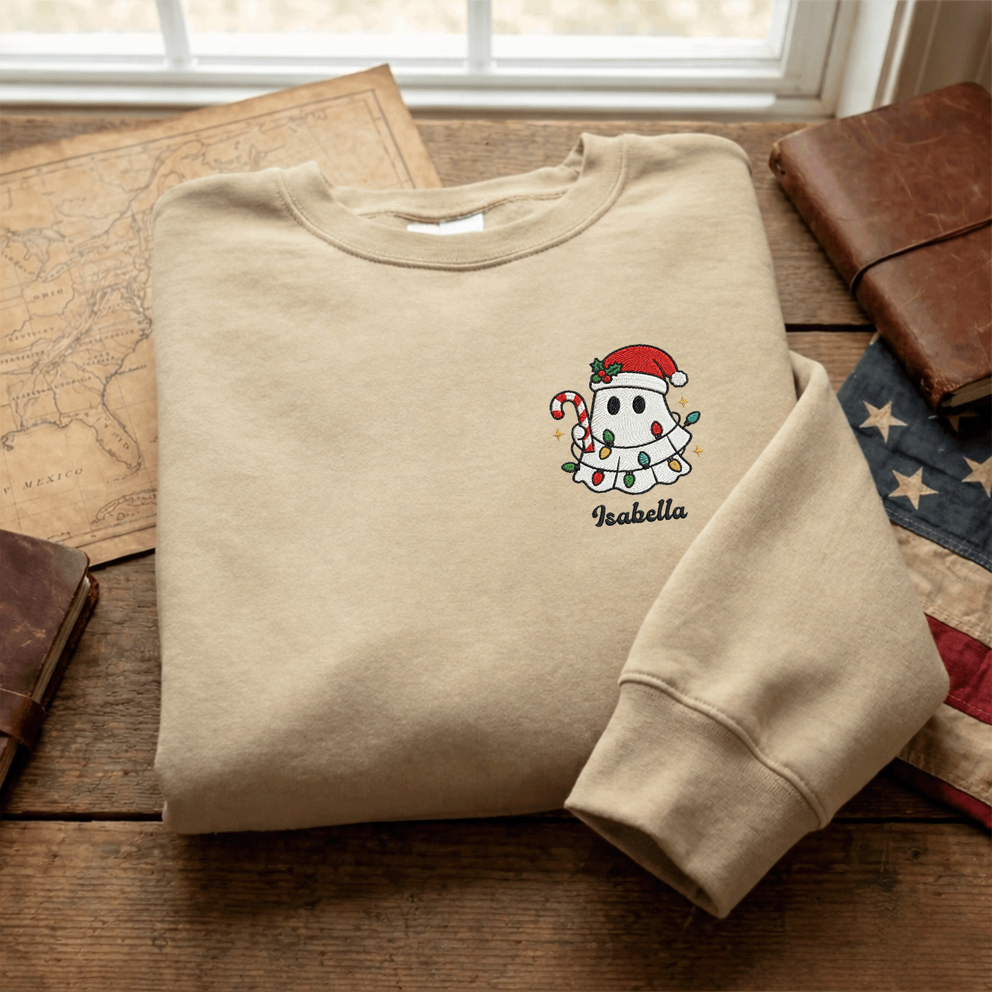 Personalized Cute Christmas Ghost Embroidered Sweatshirt, Custom Name Spooky Holiday Crewneck, Funny Christmas Ghost Sweatshirt Gift