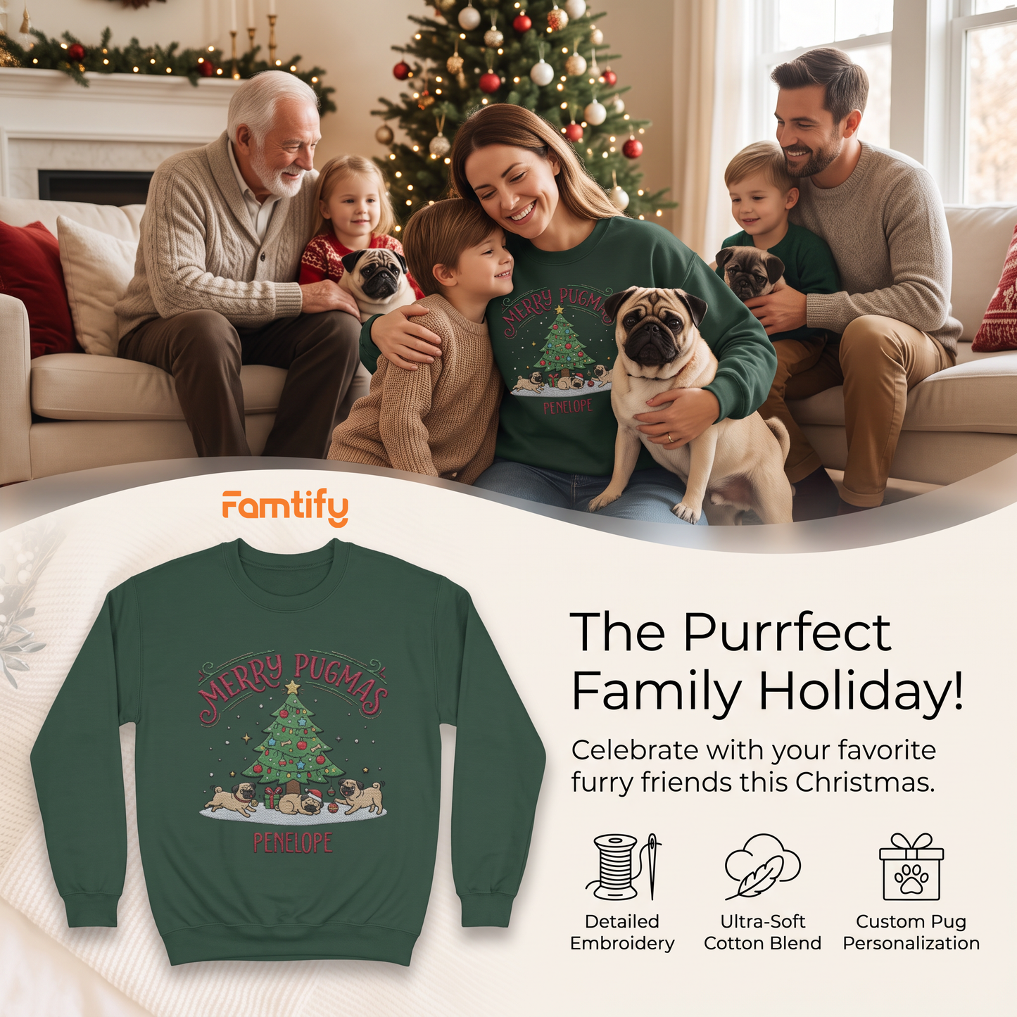 Personalized Merry Pugmas Christmas Sweatshirt with Custom Name | Cute Pug Dog Holiday Crewneck