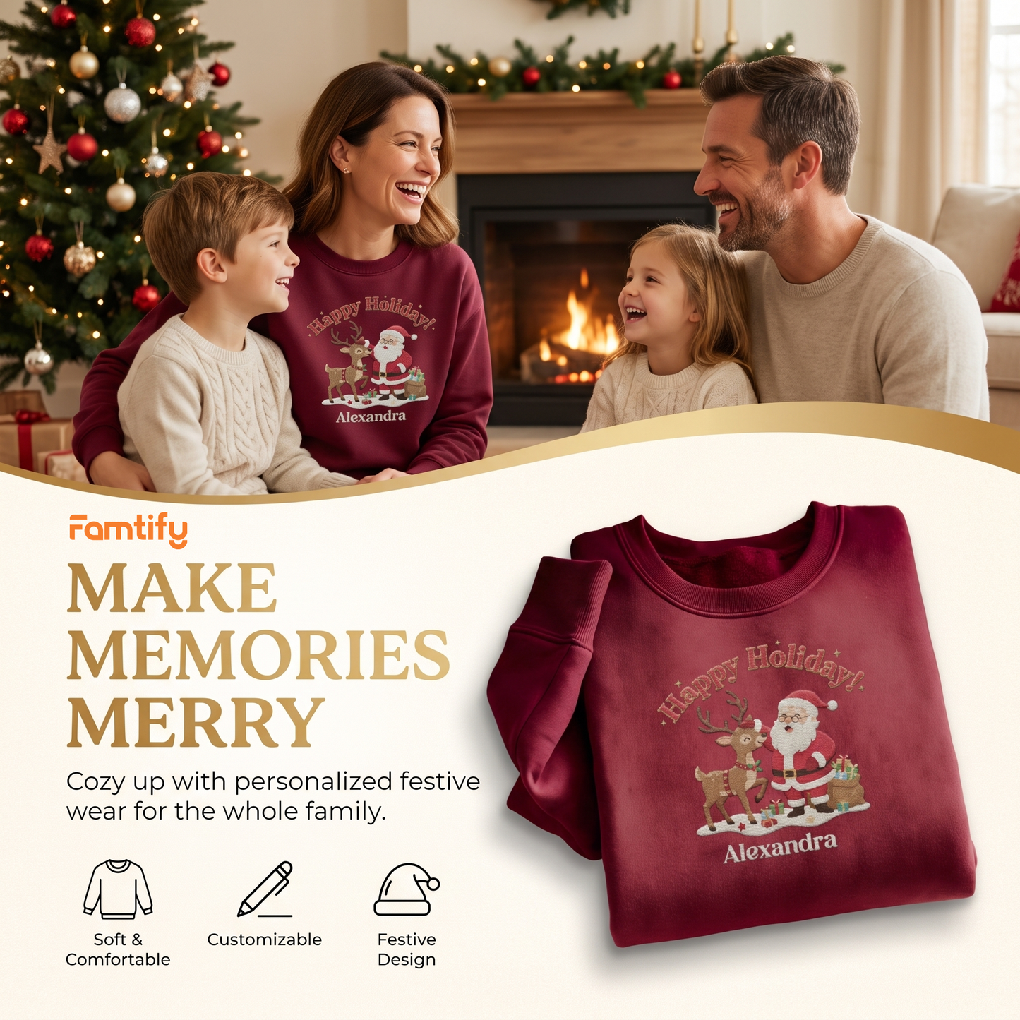 Personalized Santa & Reindeer Christmas Sweatshirt with Custom Name | Cozy Holiday Crewneck Gift