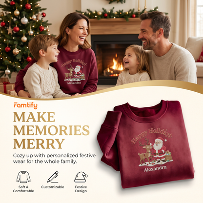 Personalized Santa & Reindeer Christmas Sweatshirt with Custom Name | Cozy Holiday Crewneck Gift