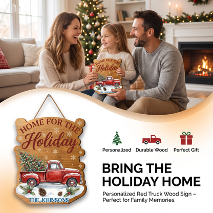 Personalized Red Truck Custom Shape Wood Sign, Custom Family Name Home For The Holiday Vintage Wooden Hanging Plaque, Festive Christmas Door & Wall Decor Family Gift