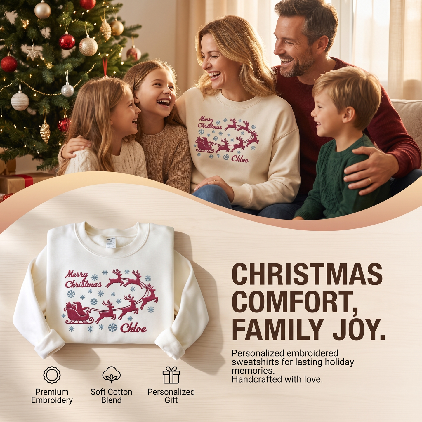 Personalized Embroidered Santa Sleigh Reindeer Sweatshirt with Custom Name