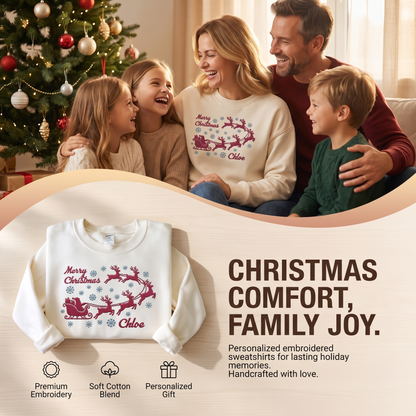 Personalized Embroidered Santa Sleigh Reindeer Sweatshirt with Custom Name