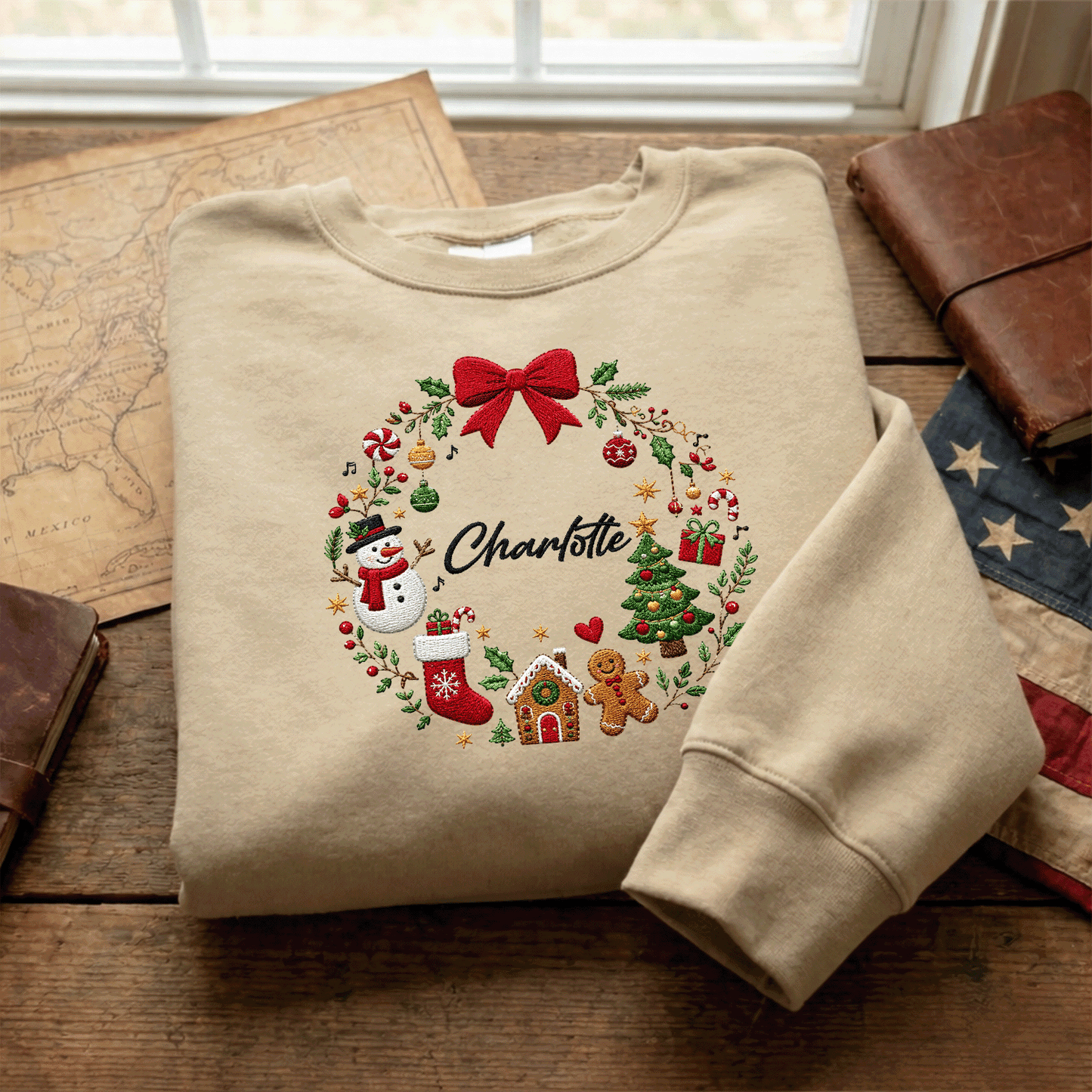 Personalized Embroidered Christmas Wreath Sweatshirt with Custom Name