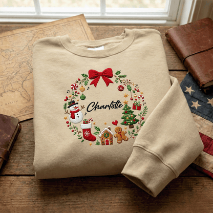 Personalized Embroidered Christmas Wreath Sweatshirt with Custom Name