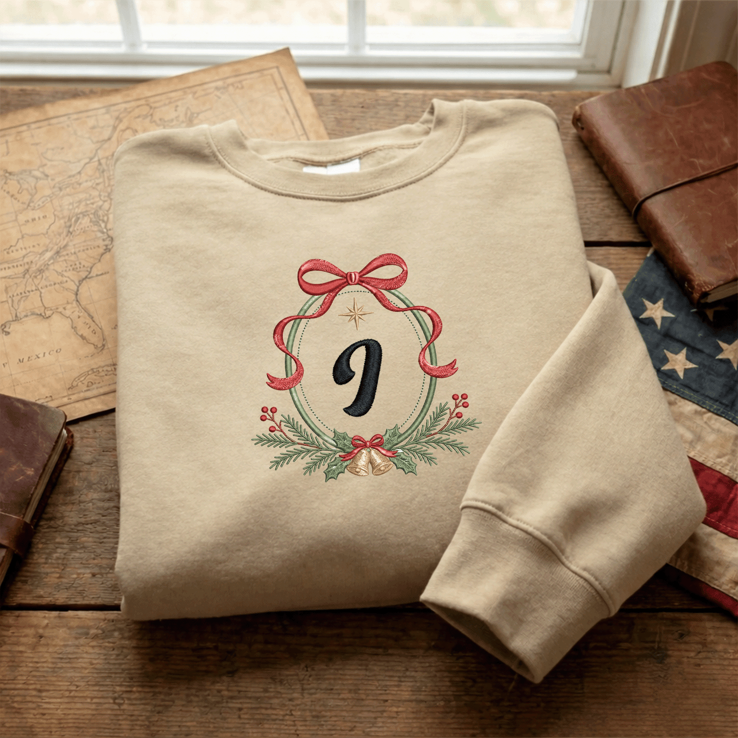 Personalized Embroidered Christmas Monogram Wreath Sweatshirt with Custom Initial