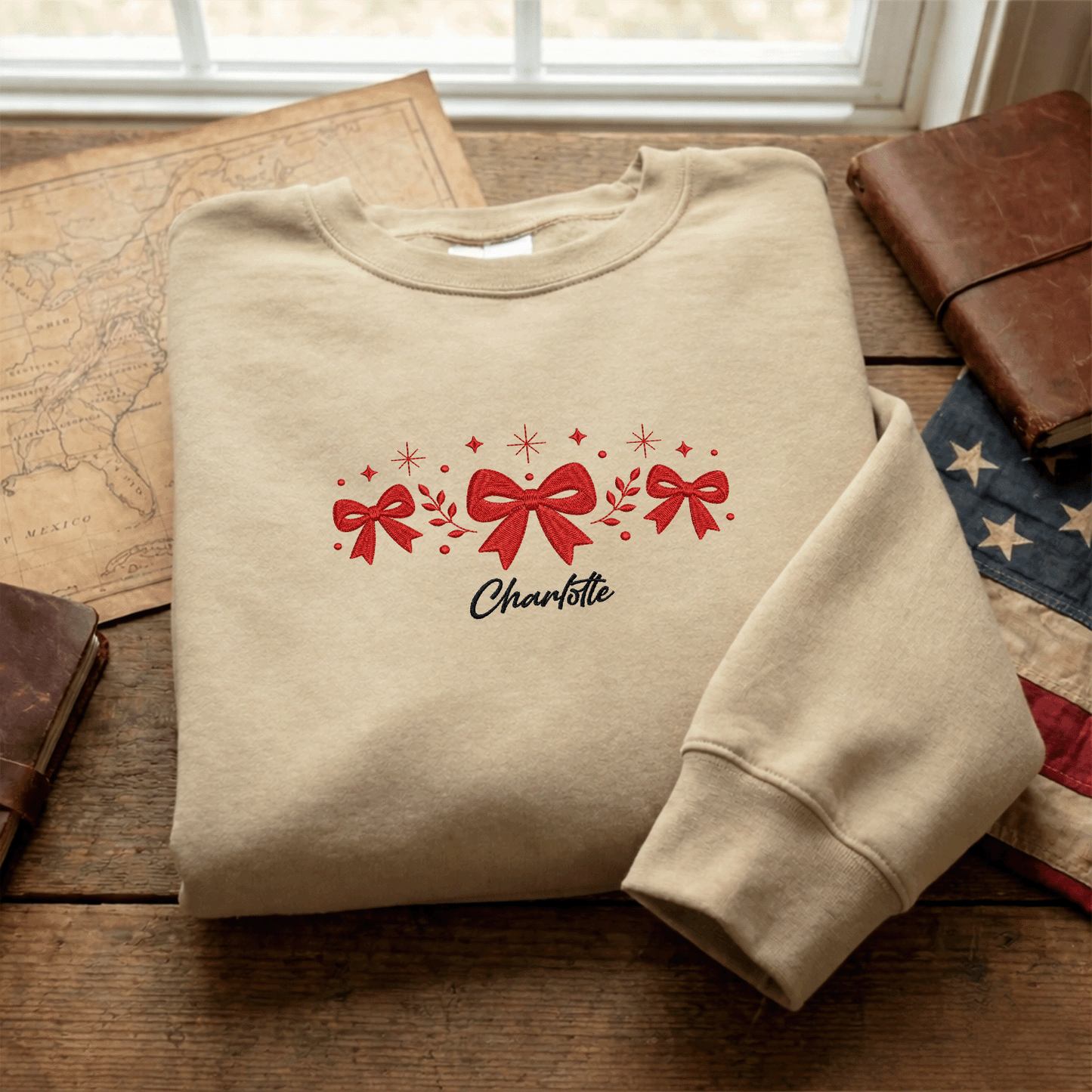 Personalized Embroidered Festive Red Bows Sweatshirt with Custom Name