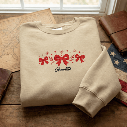 Personalized Embroidered Festive Red Bows Sweatshirt with Custom Name