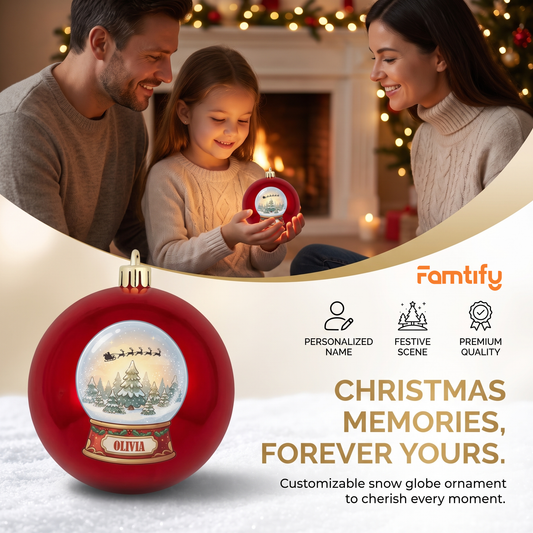 Christmas Memories, Forever Yours banner with a family and a red snow globe Santa sleigh name ornament