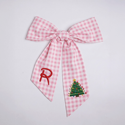 Custom Monogram Pencil Christmas Tree Embroidered Linen Door Wreath Sash, Personalized Initial Teacher School Pencil Tree Lights Holiday Wreath Sash & Front Door Decor