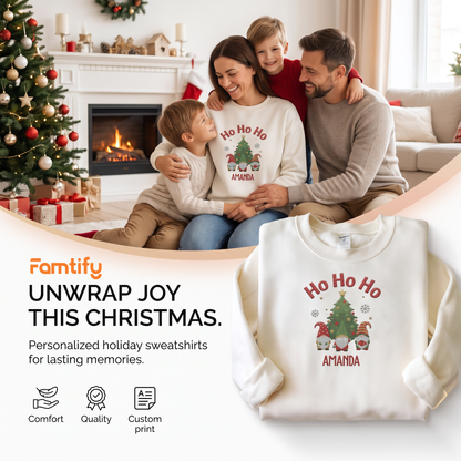 Personalized Ho Ho Ho Christmas Gnome Sweatshirt with Custom Name | Cute Holiday Crewneck Gift