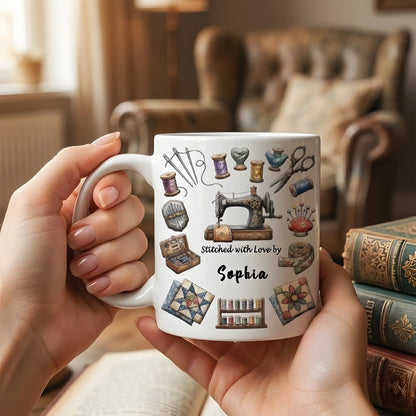 Sewing Love & Thread Design – Personalized Sewing Mom Mug – Mother’s Day Gift for Mom – Custom Name Quilter Mug