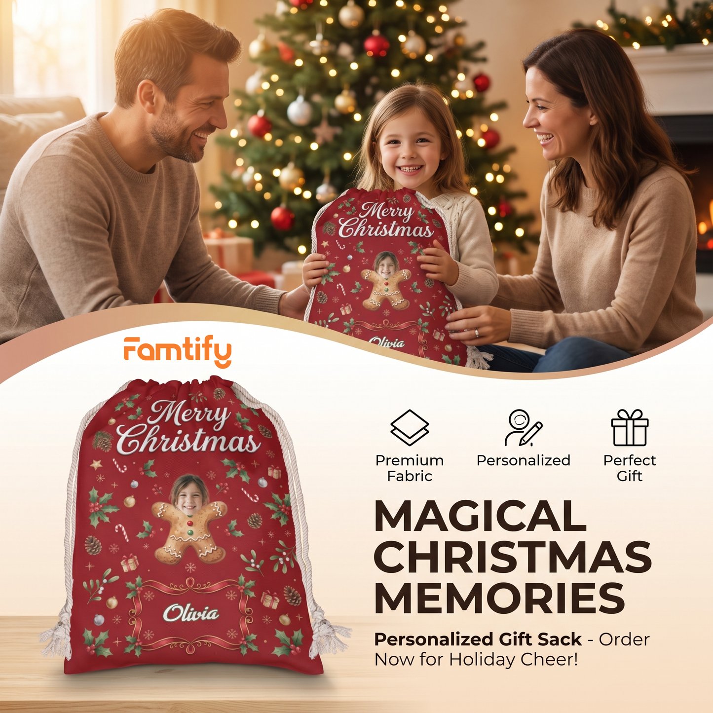 Personalized Cute Gingerbread Cookie Christmas Sack with Custom Face