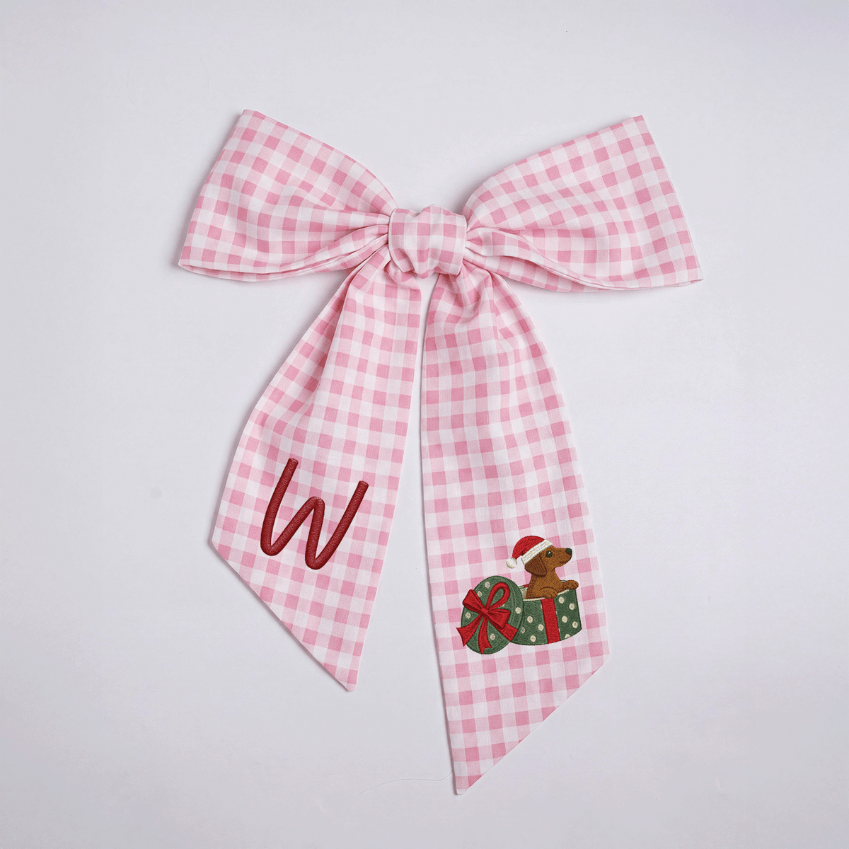 Personalized Monogram Christmas Dog in Present Box Embroidered Linen Door Wreath Sash, Custom Initial Holiday Dachshund Wreath Bow Sash Decor, Festive Front Door Home Accessories