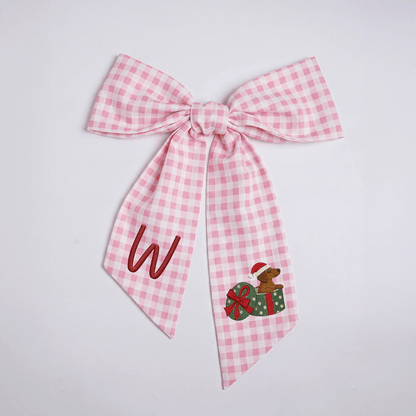 Personalized Monogram Christmas Dog in Present Box Embroidered Linen Door Wreath Sash, Custom Initial Holiday Dachshund Wreath Bow Sash Decor, Festive Front Door Home Accessories