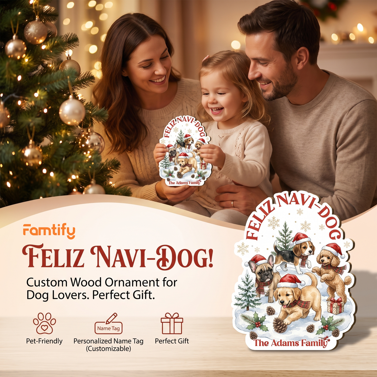 Personalized Feliz Navi-Dog Custom Shape Wood Sign, Custom Family Name Christmas Dogs Wooden Hanging Plaque, Festive Holiday Door & Wall Decor Pet Lovers Family Gift