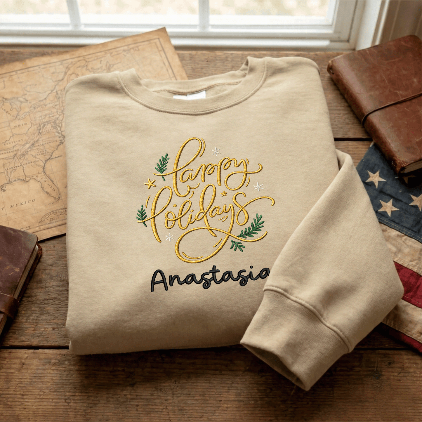 Personalized Embroidered Happy Holidays Sweatshirt with Custom Name