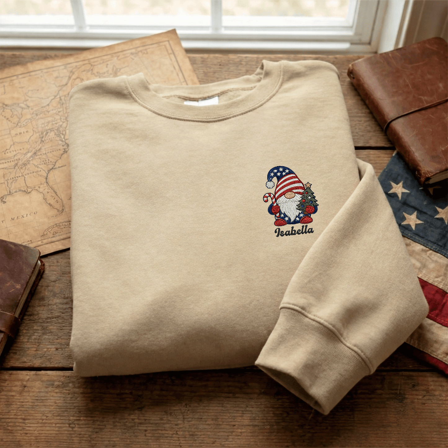 Personalized Patriotic Christmas Gnome Embroidered Sweatshirt | Custom Name Holiday Crewneck Gift