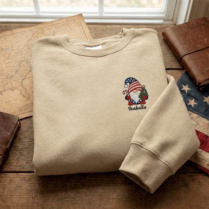 Personalized Patriotic Christmas Gnome Embroidered Sweatshirt | Custom Name Holiday Crewneck Gift