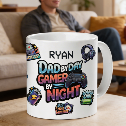 Personalized Gamer Dad Mug – Dad by Day Gamer by Night Custom Name Coffee Mug