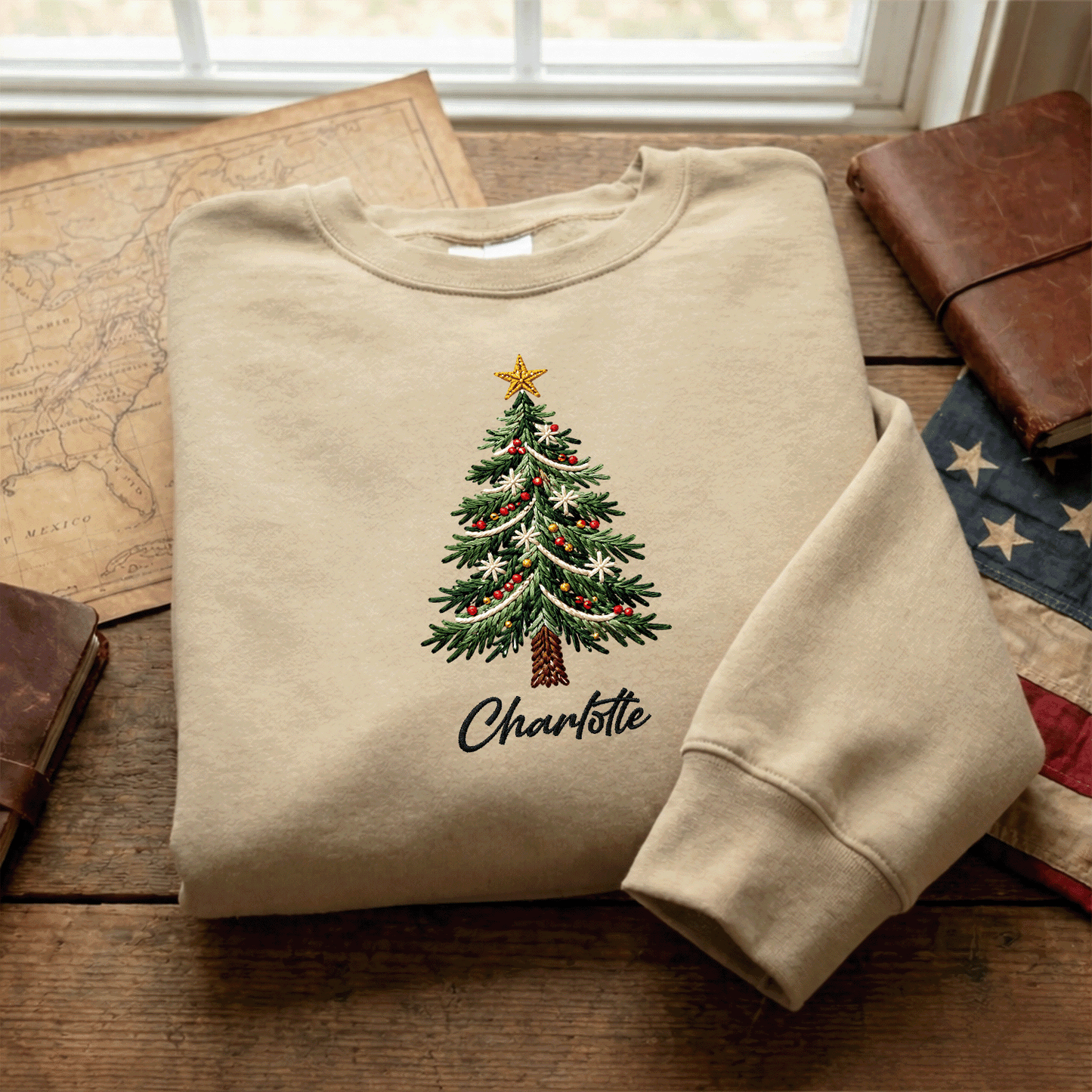 Personalized Embroidered Classic Christmas Tree Sweatshirt with Custom Name