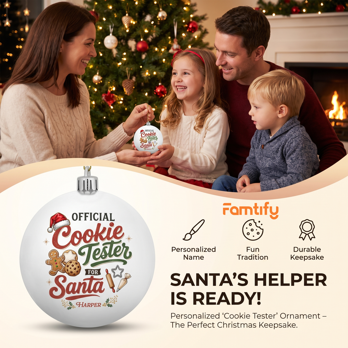 Personalized Name Official Cookie Tester For Santa White Christmas Ball Ornament, Custom Shatterproof Plastic Holiday Bauble