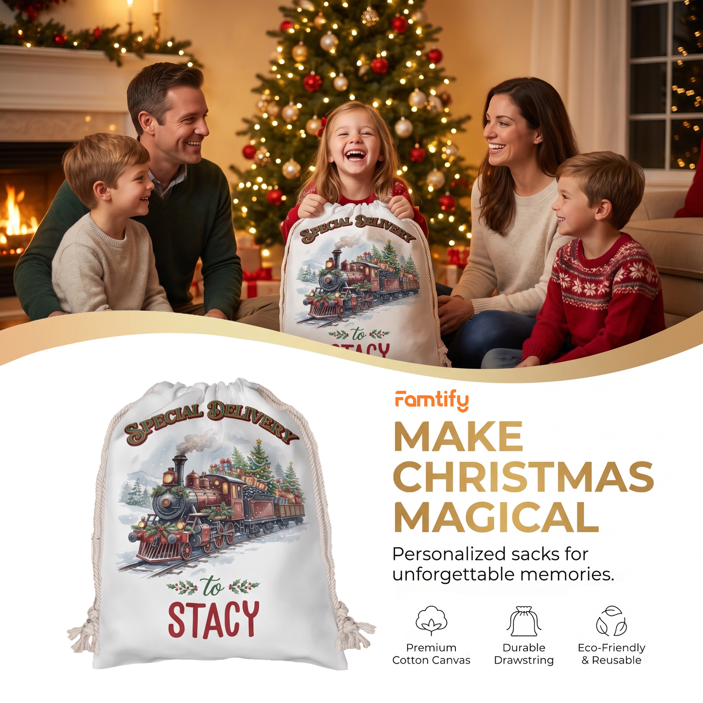 Personalized Special Delivery Train Christmas Sack, Custom Name Santa Gift Bag